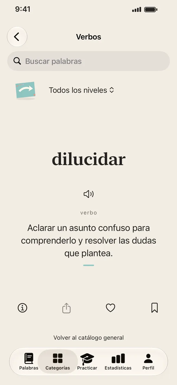 Pantalla de LEXO con la palabra dilucidar y su definición