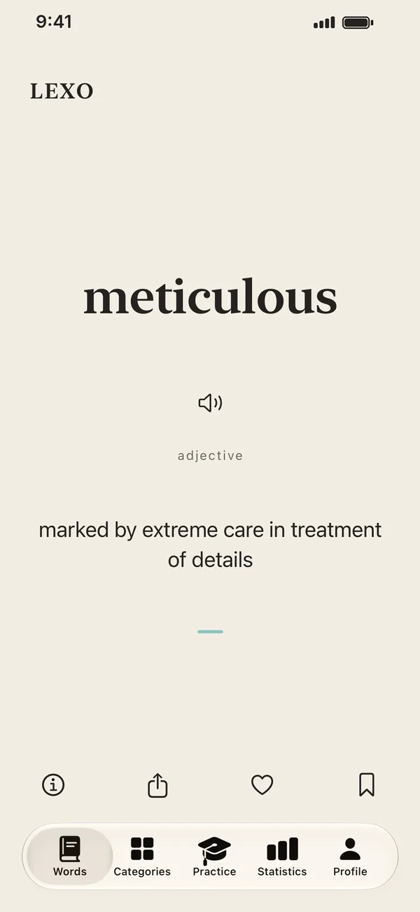 LEXO screen showing a word and its definition
