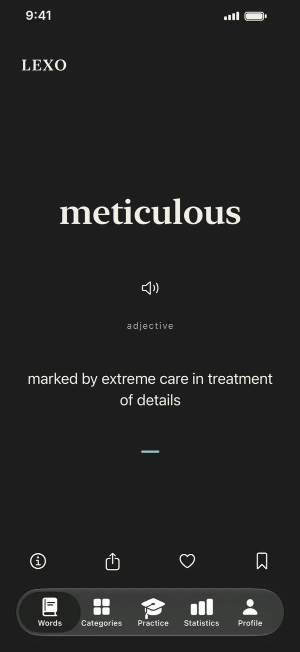 LEXO in dark mode showing a word